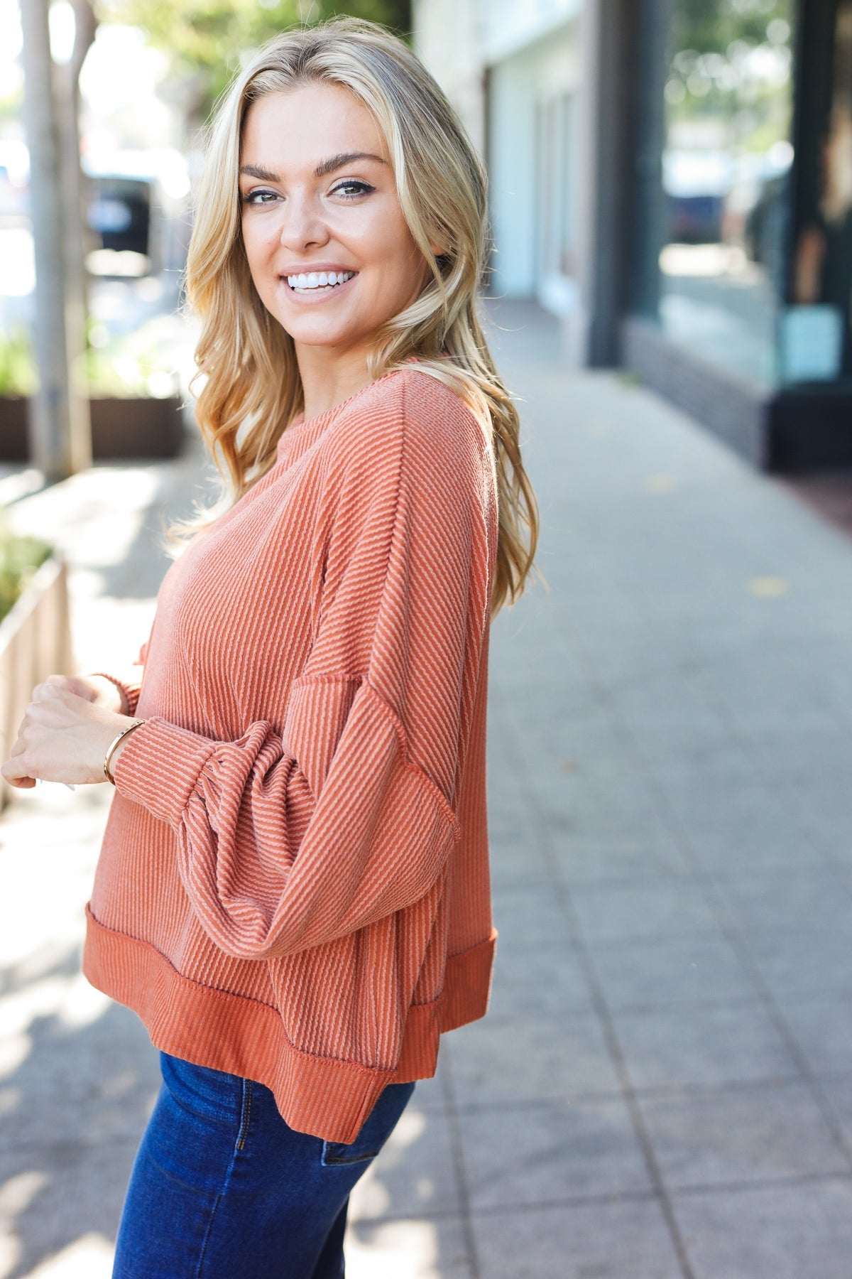 Cream Round Neck Bubble Sleeve Loose Fit Sweater