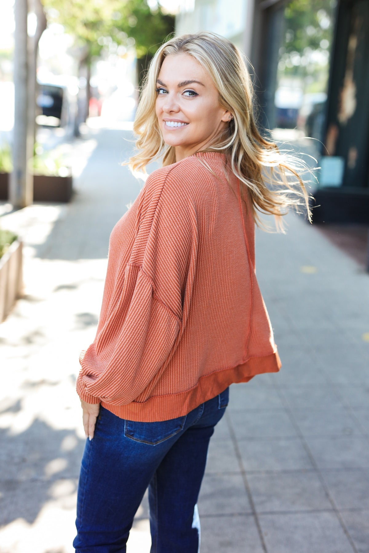 Cream Round Neck Bubble Sleeve Loose Fit Sweater