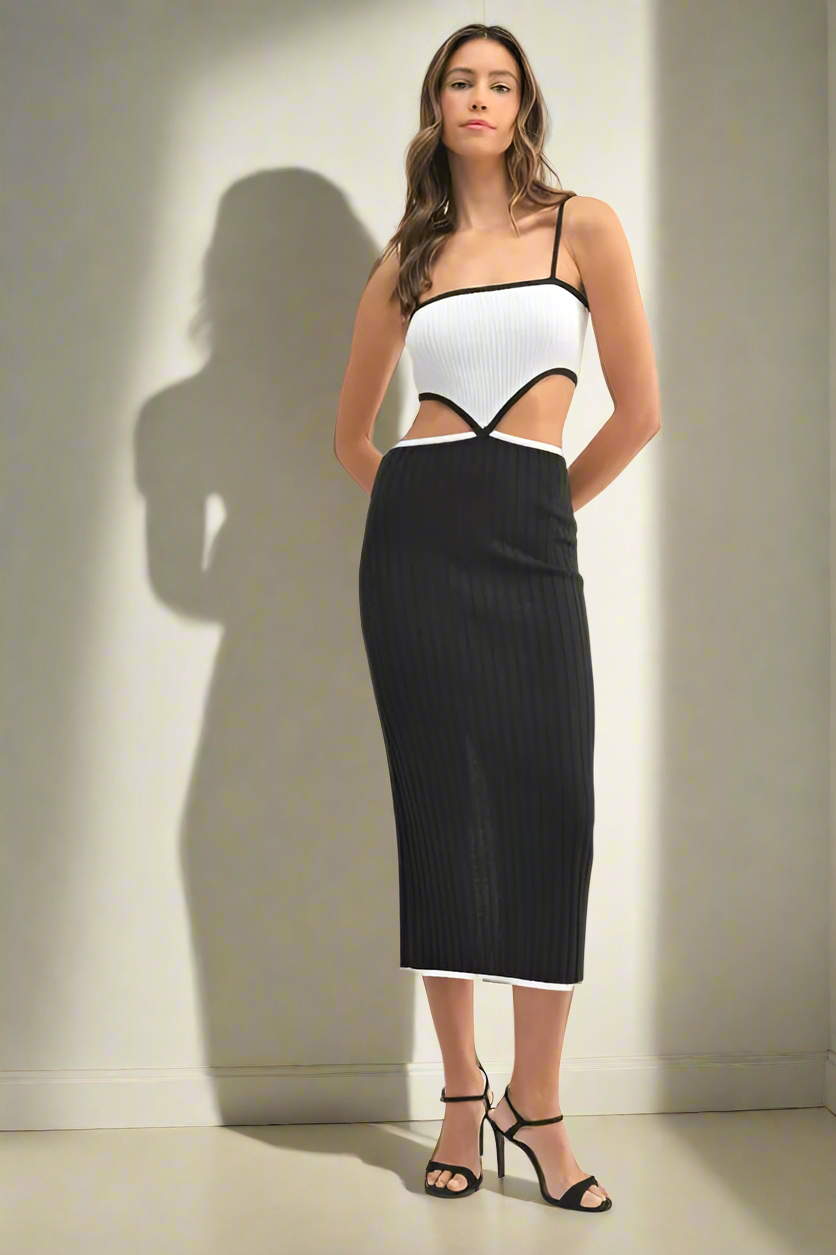 MABLE Ribbed Knit Color Block Cutout Midi Dress