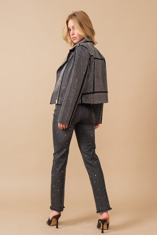 Crystal Studded Stretch Zip Up Moto Jacket by Blu B