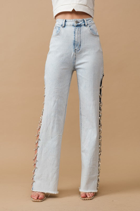 Cut Out At Side w/ Jewel Trim Stretch Denim by Blue B