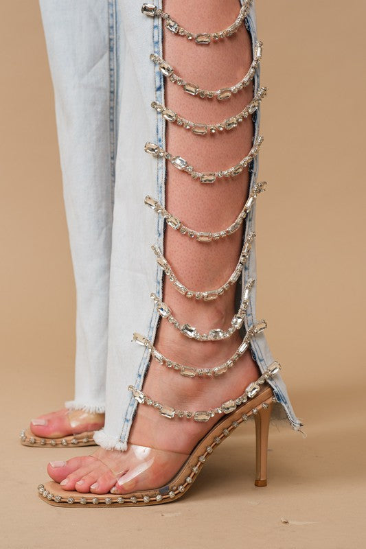 Cut Out At Side w/ Jewel Trim Stretch Denim by Blue B