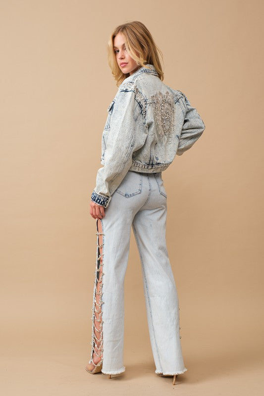 Cut Out At Side w/ Jewel Trim Stretch Denim by Blue B