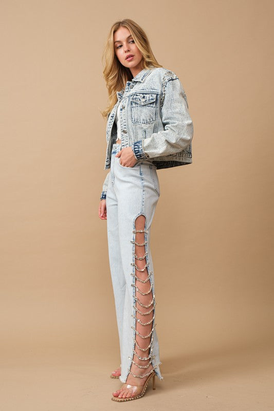 Cut Out At Side w/ Jewel Trim Stretch Denim by Blue B