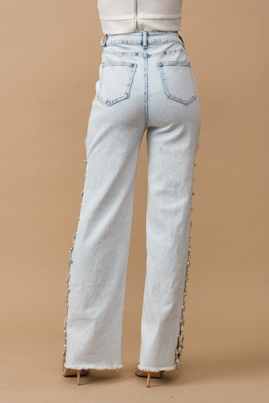 Cut Out At Side w/ Jewel Trim Stretch Denim by Blue B