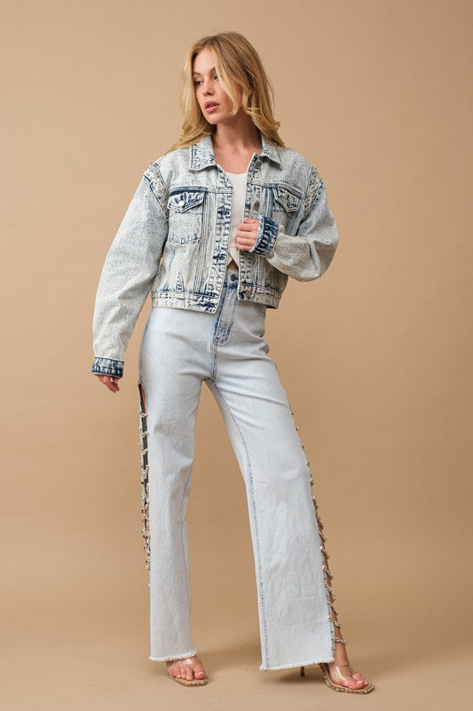 Cut Out At Side w/ Jewel Trim Stretch Denim by Blue B