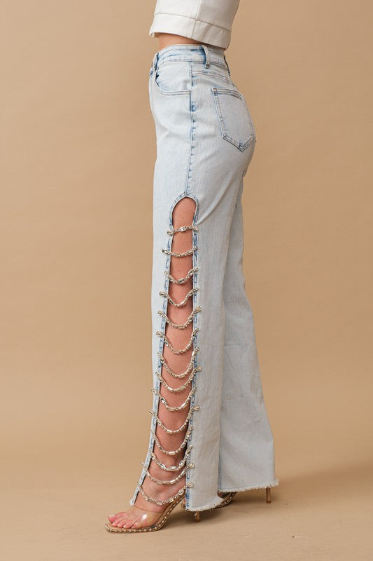 Cut Out At Side w/ Jewel Trim Stretch Denim by Blue B