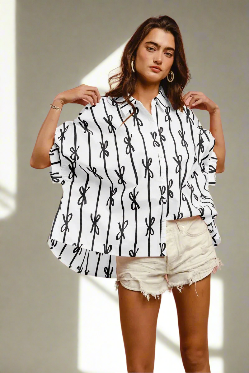BiBi Bow Ribbon Woven Printed Button Down Shirt