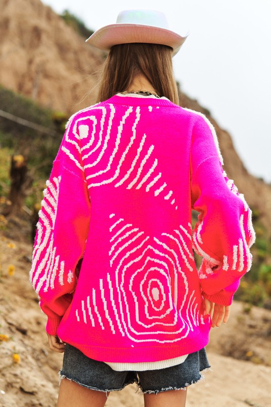 Davi & Dani Chunky Knit Pattern Detail Pullover Sweater Top