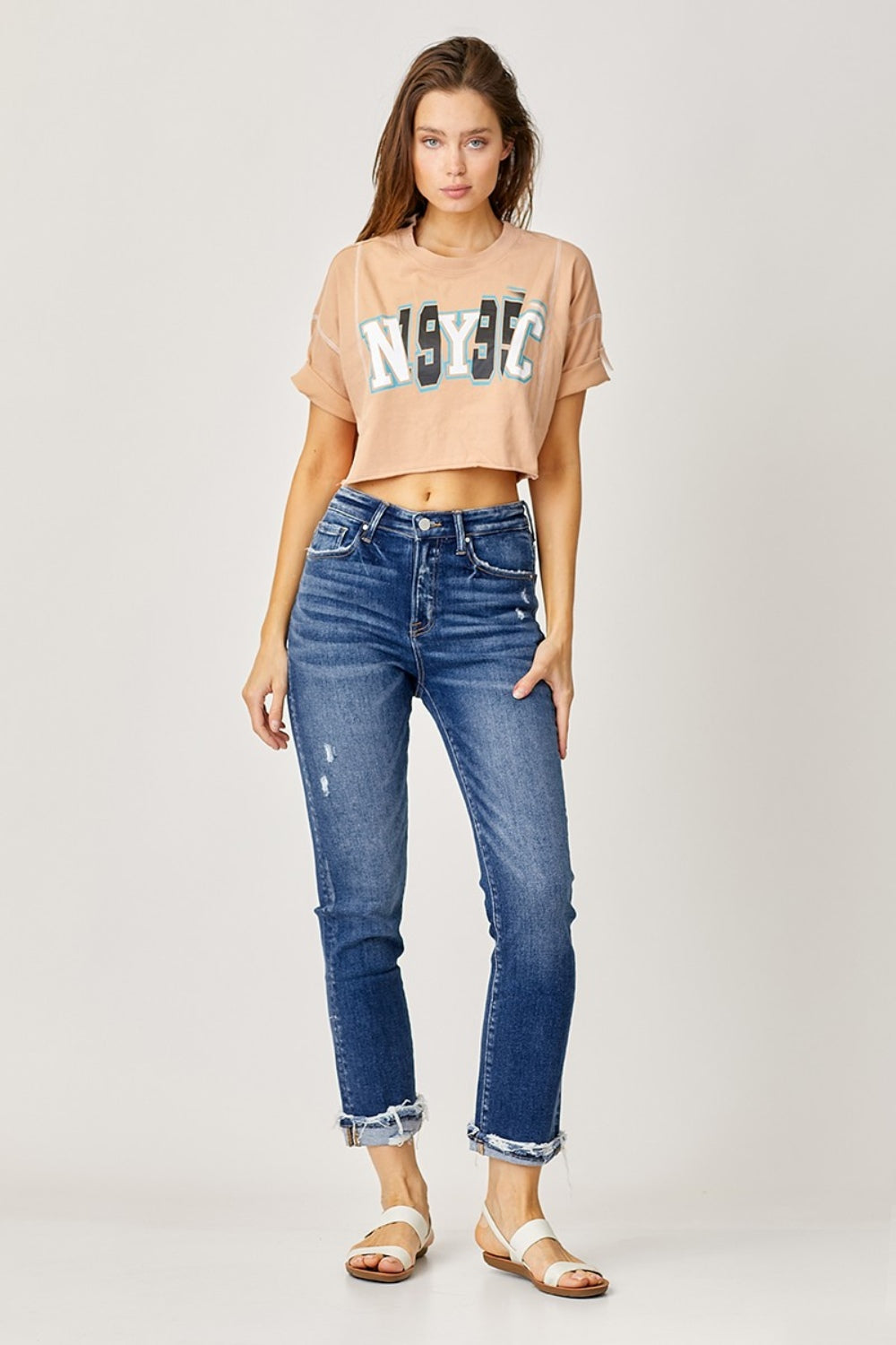 RISEN High Rise Frayed Cuffed Jeans
