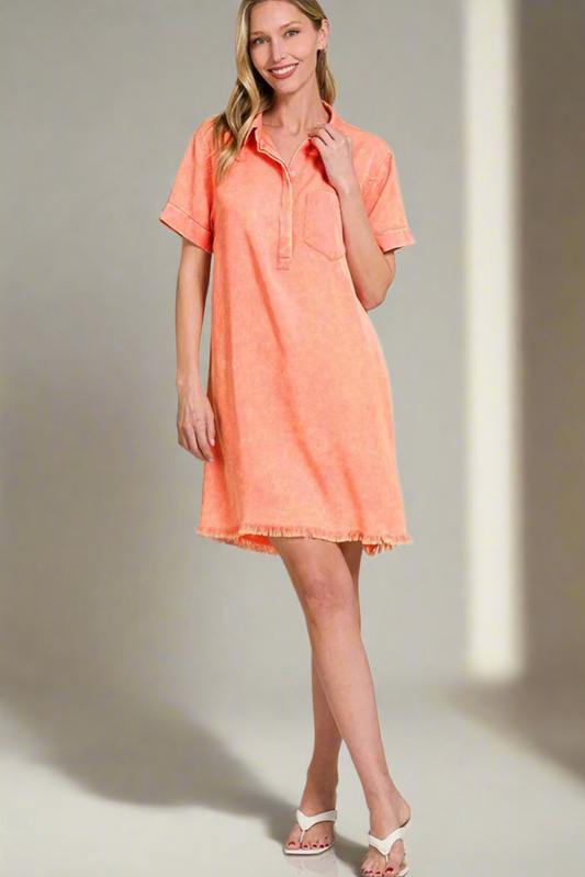 Zenana Mineral Washed Collared Shirt Dress