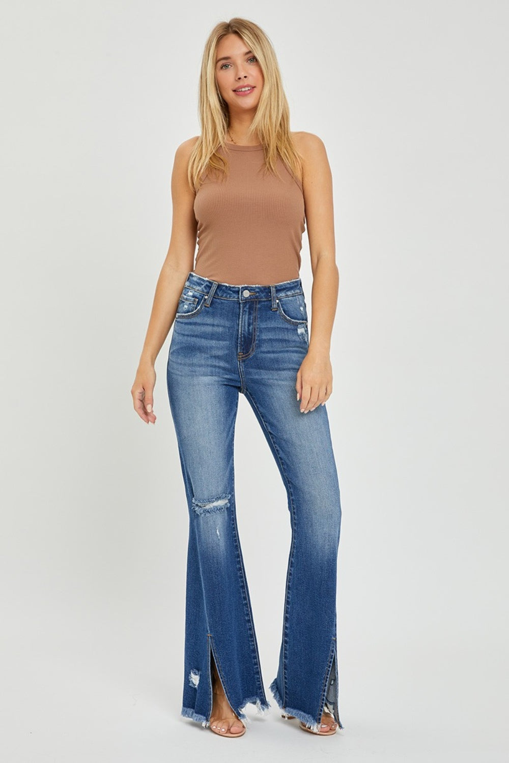RISEN Front Slit Frayed Hem Flare Jeans