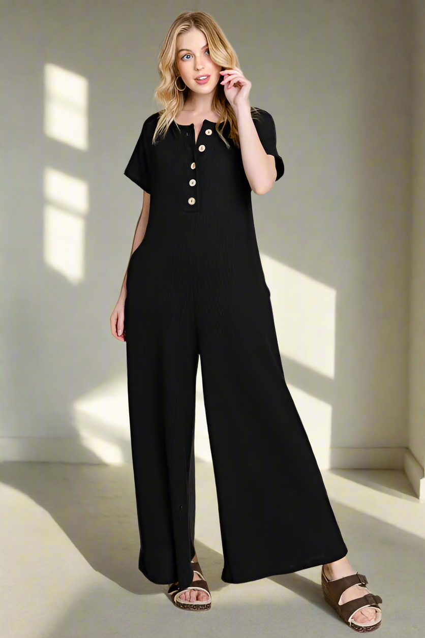 BOMBOM Rib Knit Jumpsuit with Button Detail