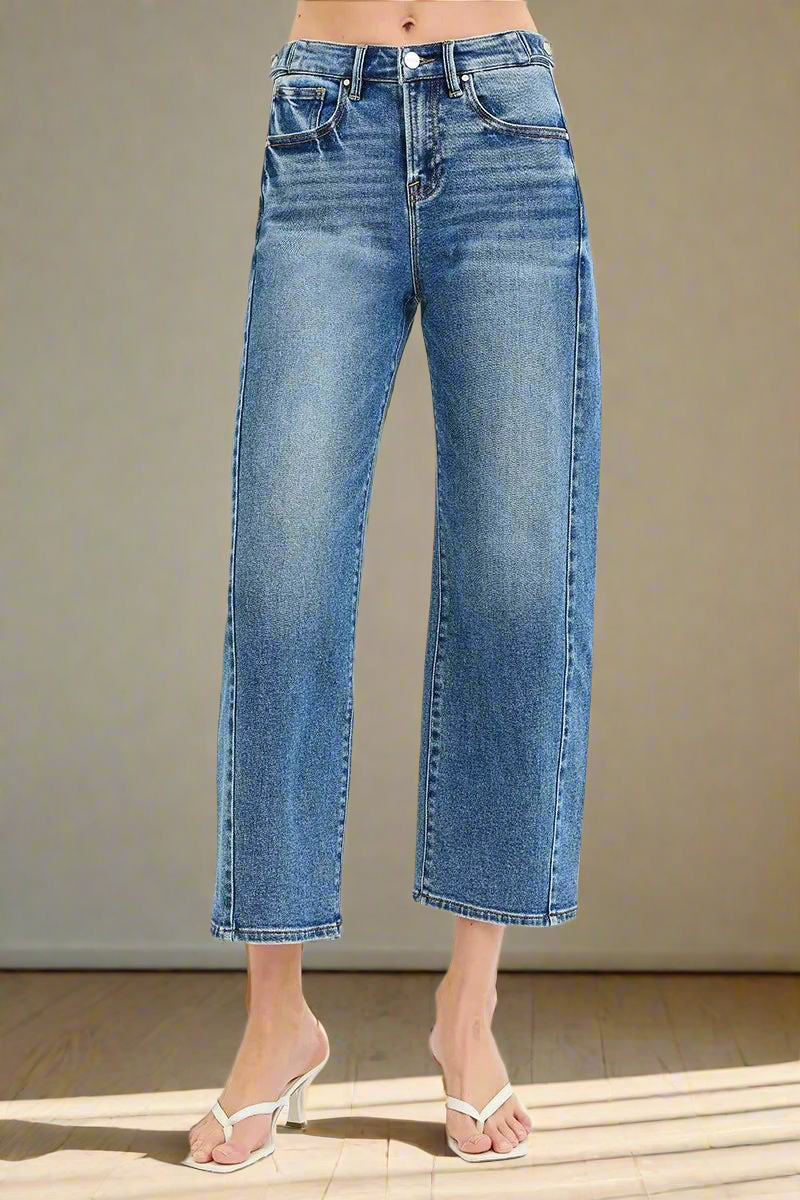 RISEN High Rise Crop Length Barrel Adjustable Waist Band Jeans