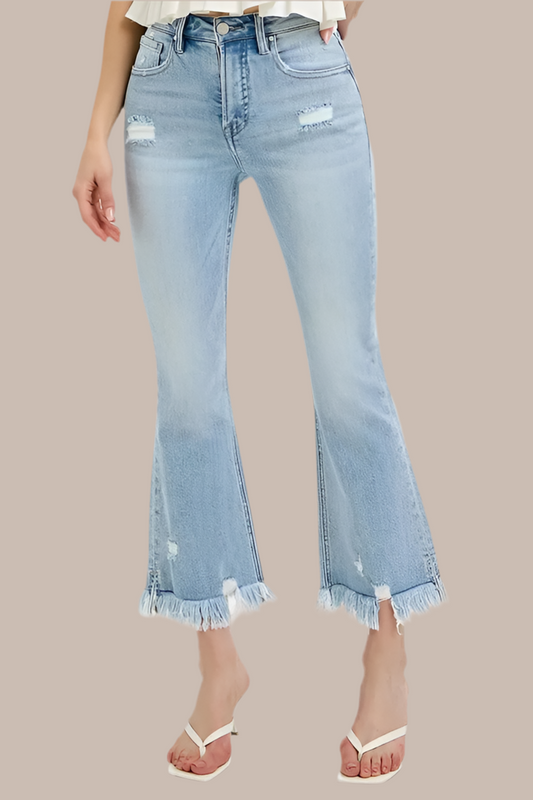 RISEN Raw Hem Distressed Cropped Flare Jeans