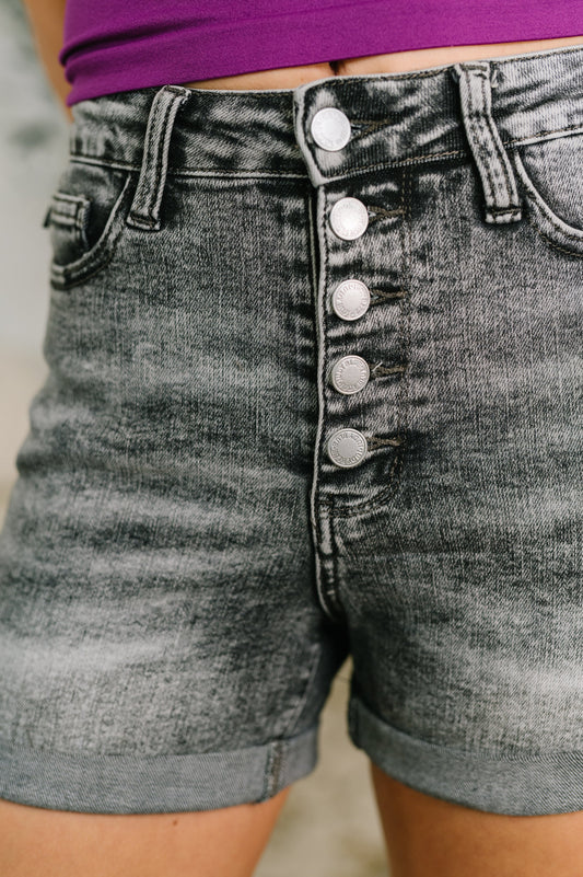 Greyson Judy Blue High Rise Button Fly Cuffed Shorts in Grey