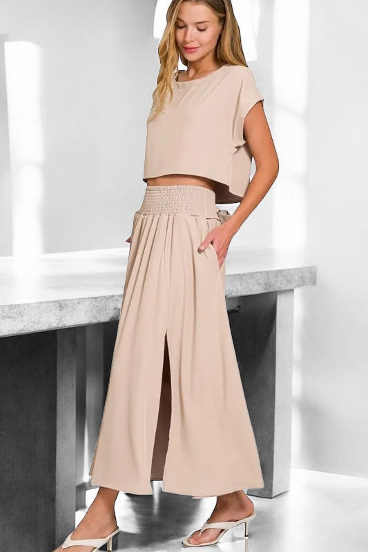 Zenana Heavy Woven Span Crop Tee & Skirt Set