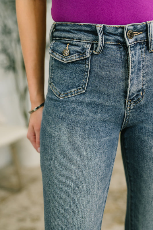 Jackie Judy Blue Mid Rise Flare Jean with Front Flap Pockets