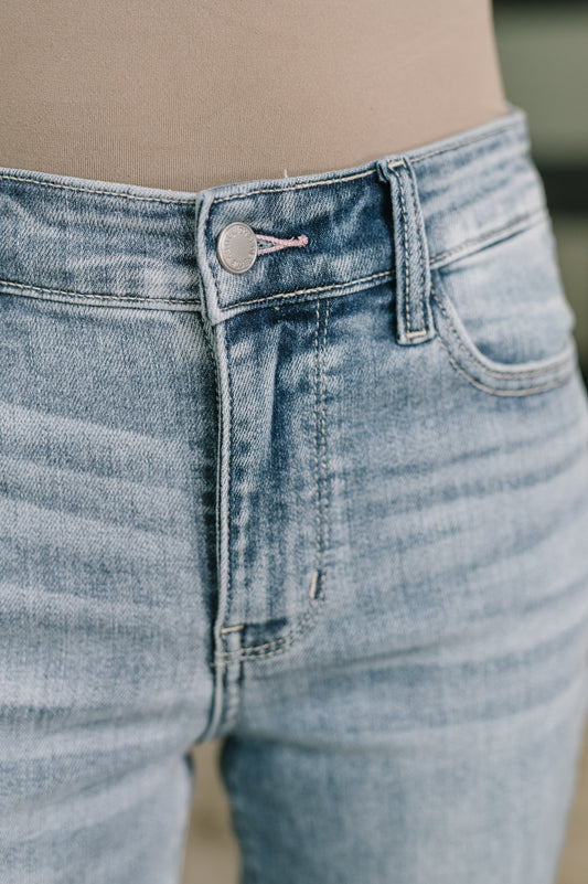 Mckaylee Judy Blue Mid Rise Kick Flare Jeans with Frayed Hem