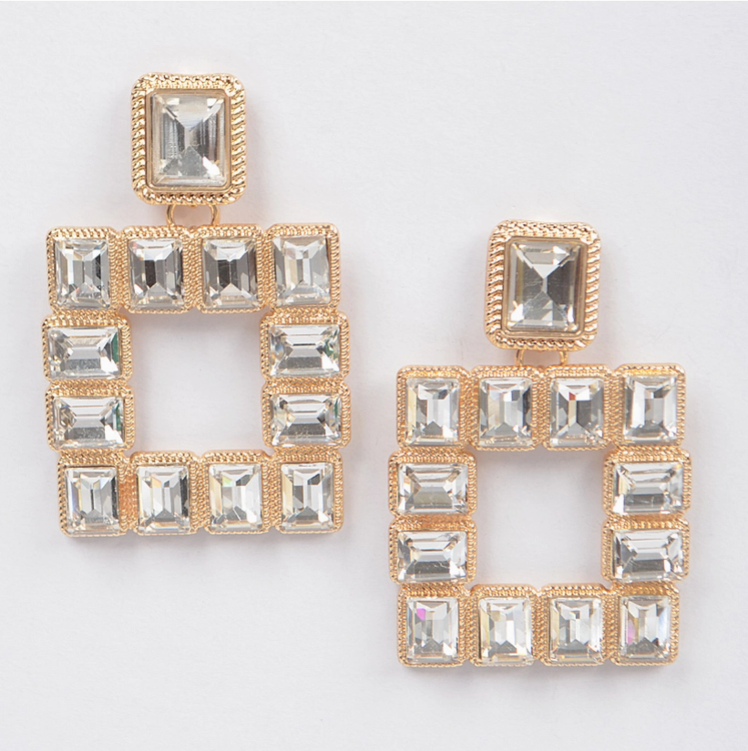 Square Gold Rhinestone Statement Earrings