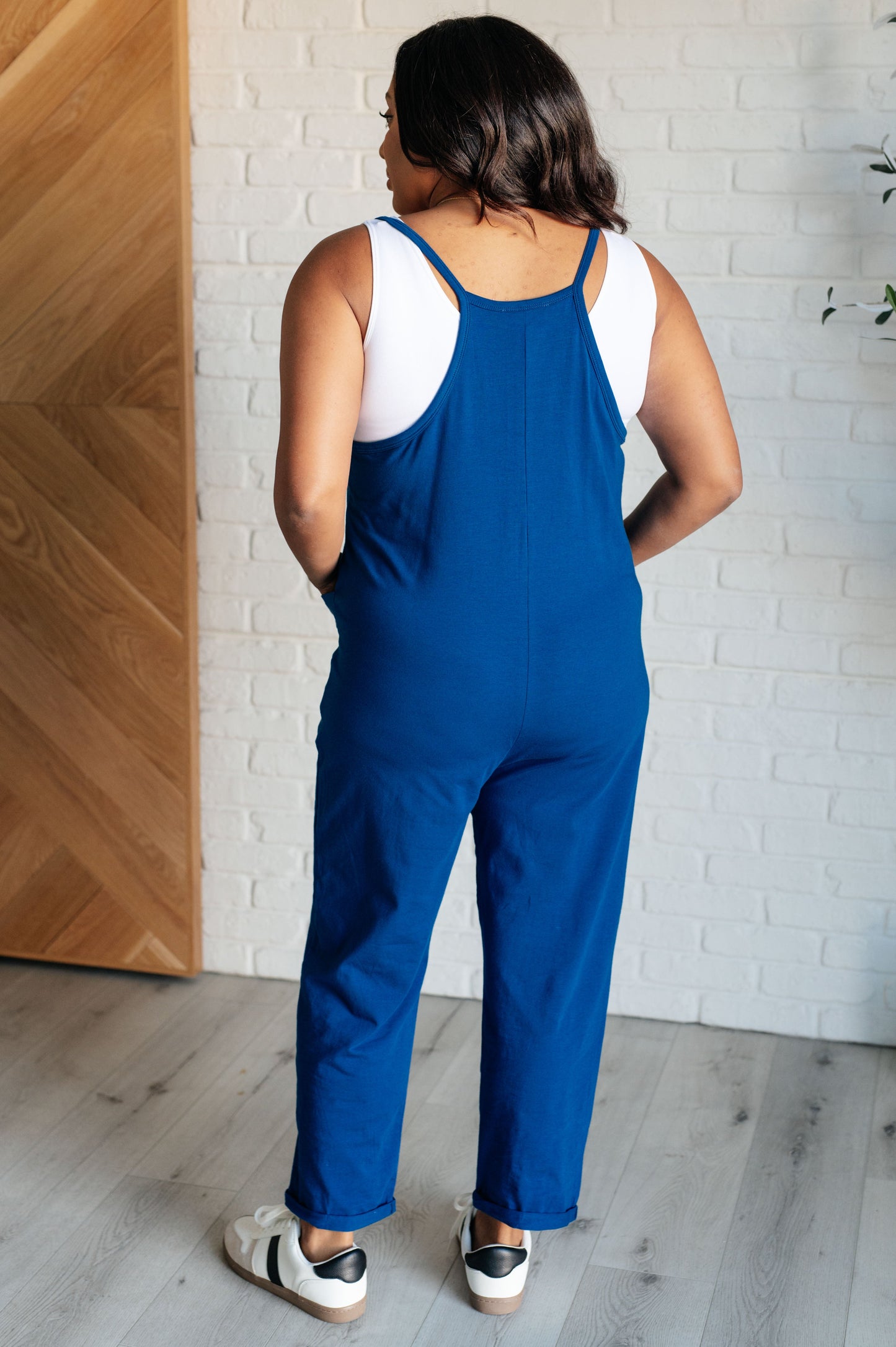 Totally Me Zenana Spaghetti Strap Jumpsuit in Light Navy