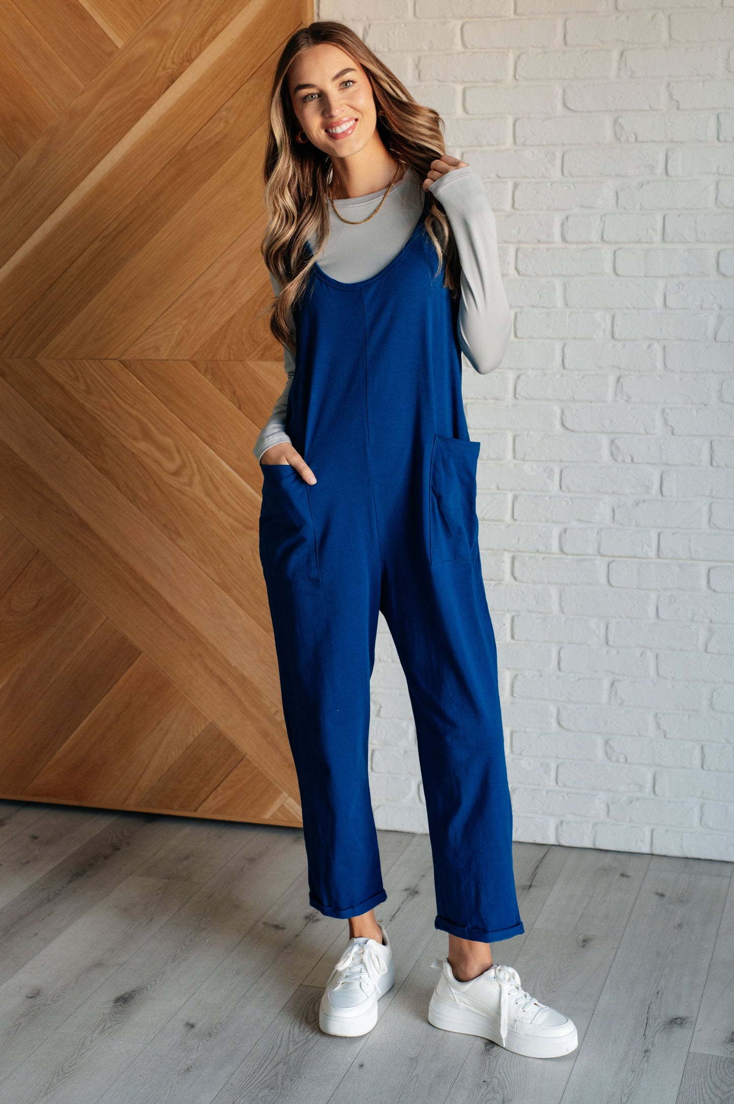 Totally Me Zenana Spaghetti Strap Jumpsuit in Light Navy