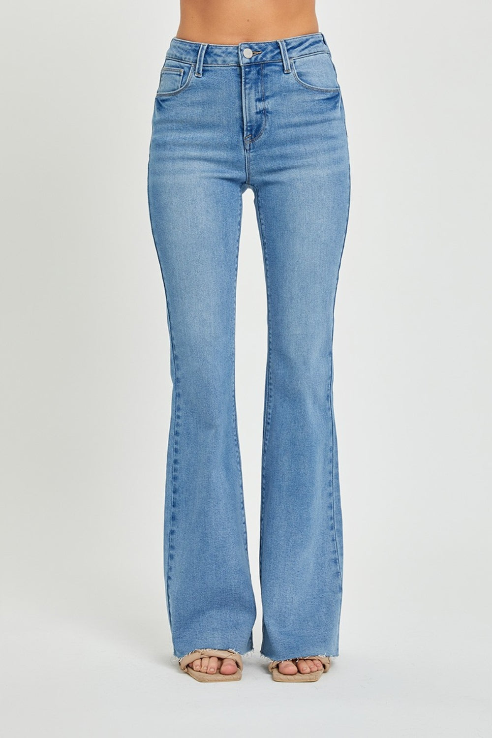 Risen High Rise Raw Hem Bootcut Jeans