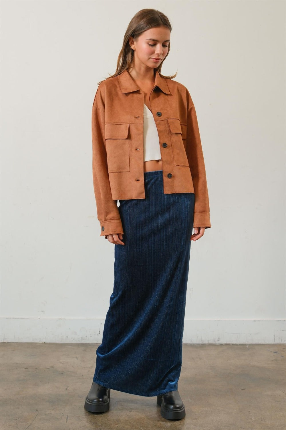 HYFVE Faux Suede Button Down Cropped Jacket