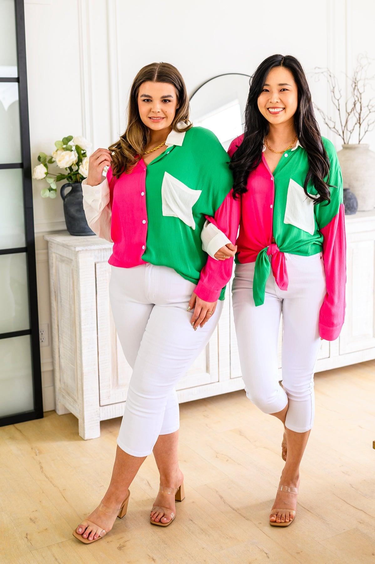 Capture the Day Two Toned Button Up Kelly - The Fiery Jasmine