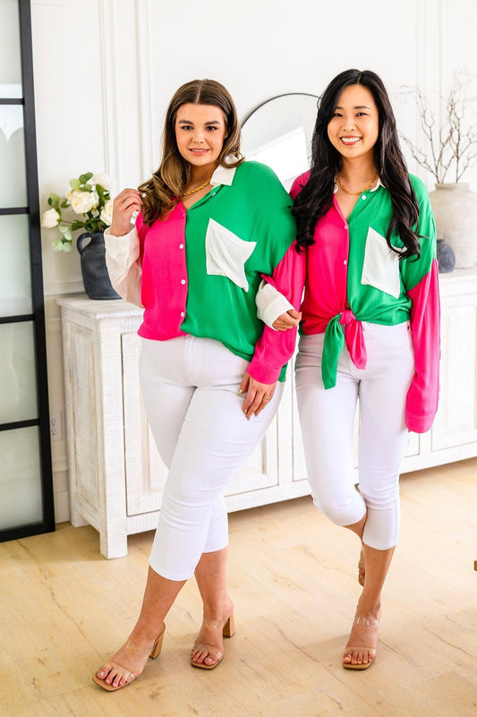 Capture the Day Two Toned Button Up Kelly - The Fiery Jasmine