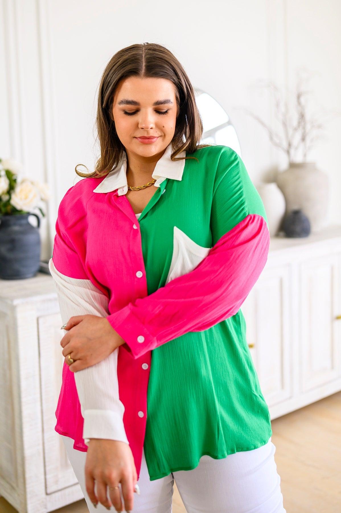 Capture the Day Two Toned Button Up Kelly - The Fiery Jasmine