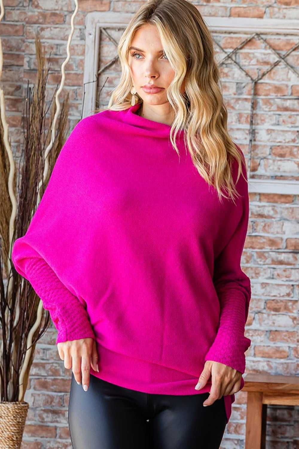 First Love Asymmetrical Dolman Sleeve Sweater in Fuchsia