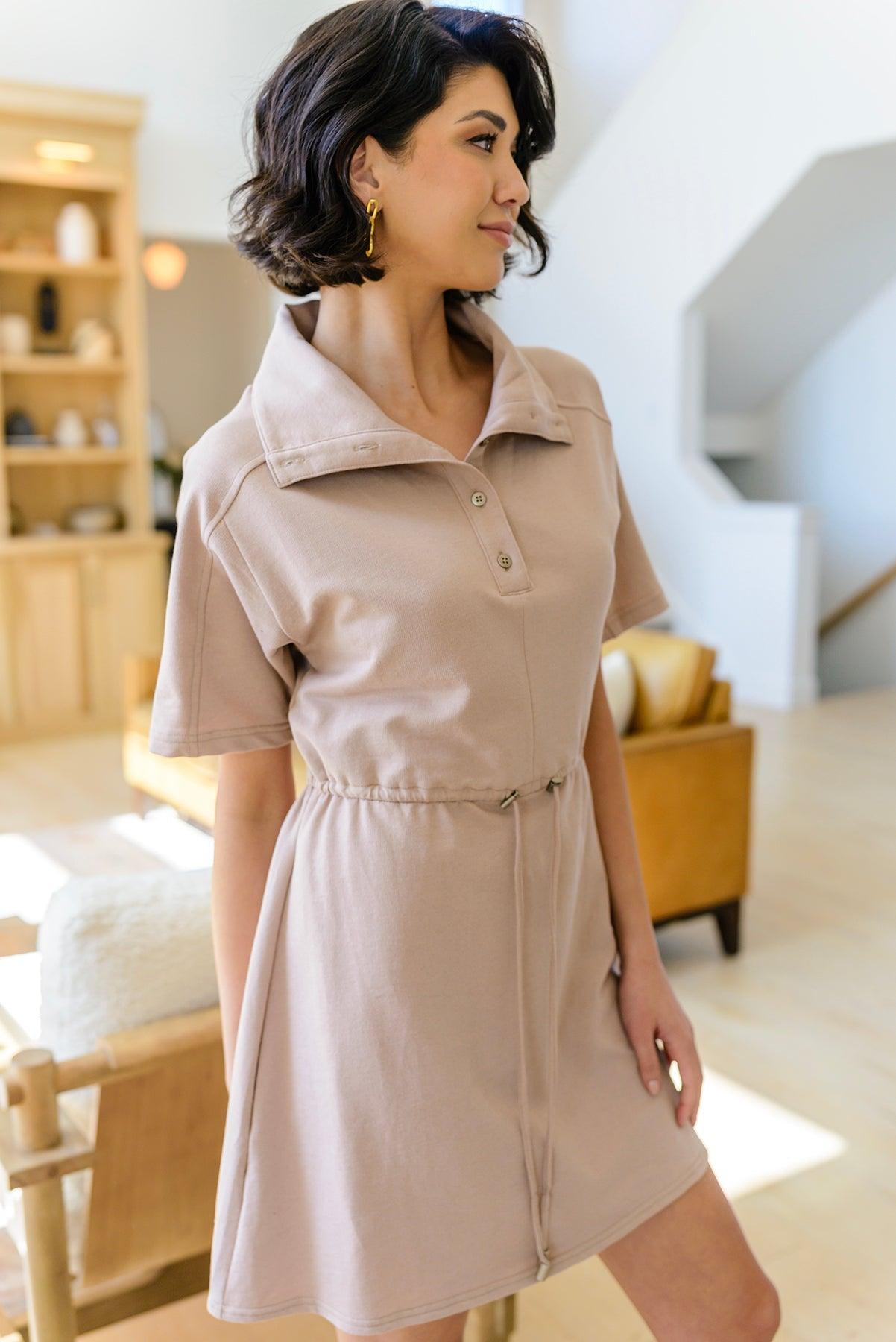 Darla Button Up Collared Dress in Taupe - The Fiery Jasmine