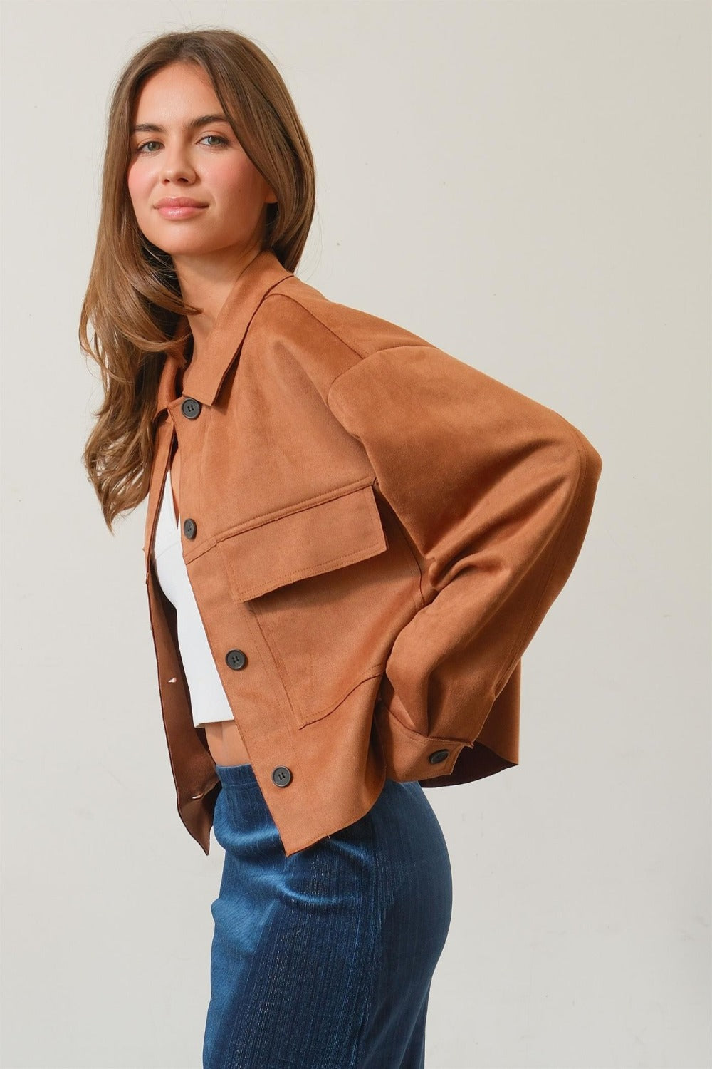 HYFVE Faux Suede Button Down Cropped Jacket