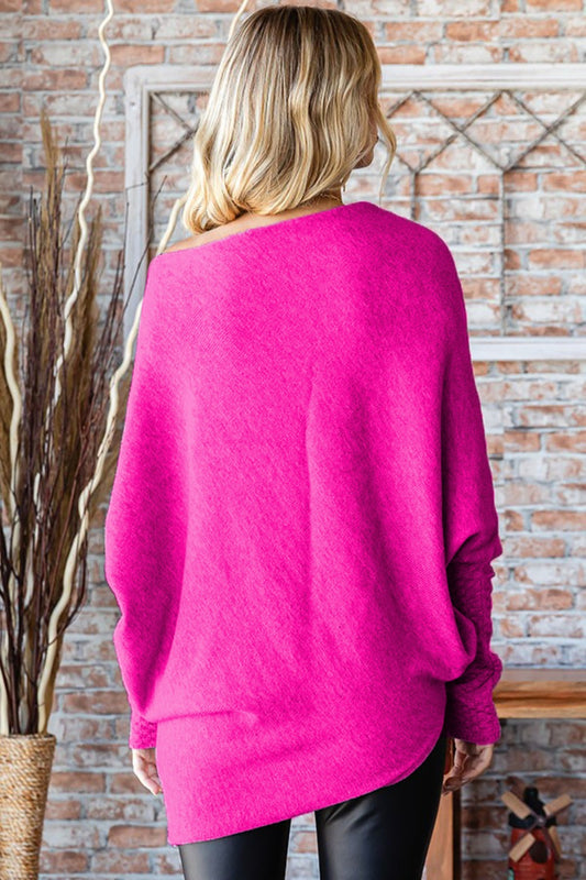 First Love Asymmetrical Dolman Sleeve Sweater in Fuchsia