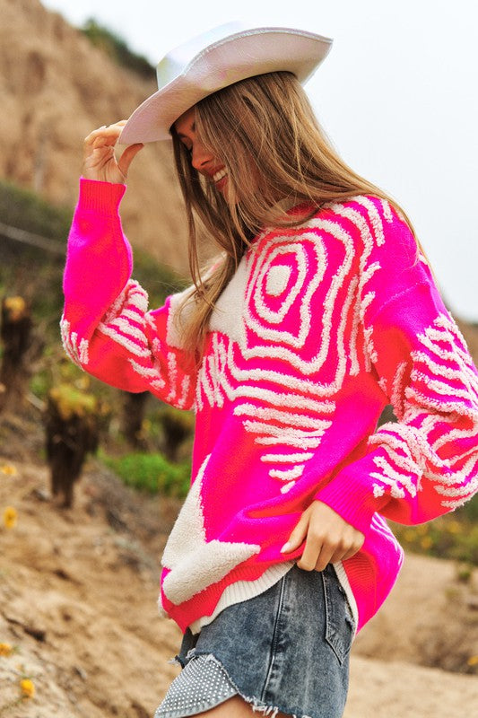 Davi & Dani Chunky Knit Pattern Detail Pullover Sweater Top