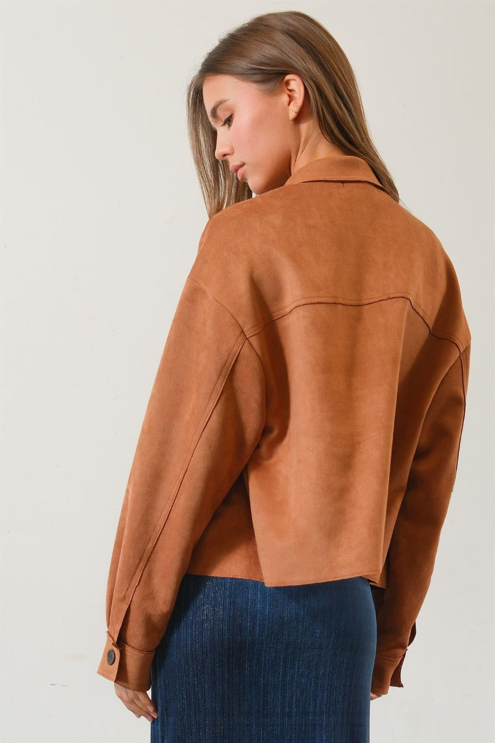 HYFVE Faux Suede Button Down Cropped Jacket