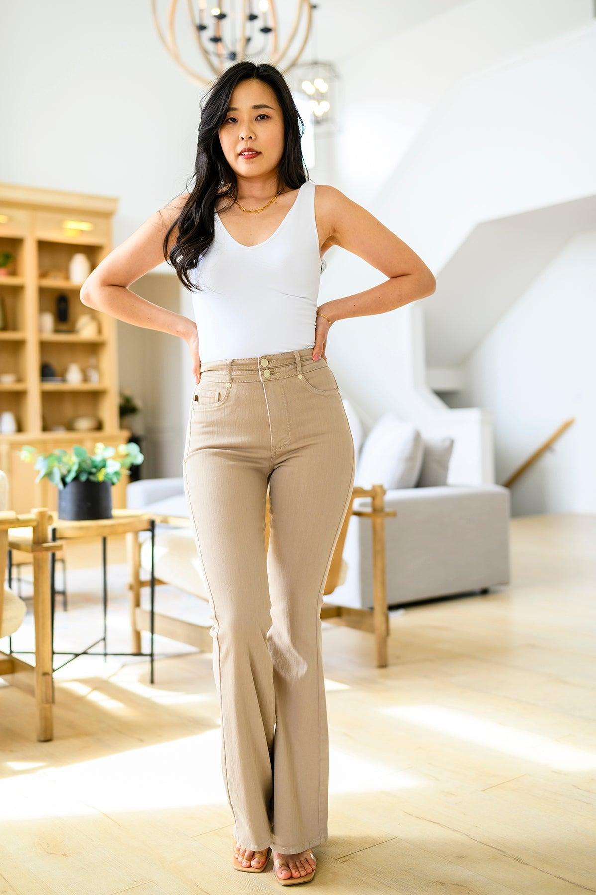 Serenity High Rise Tummy Control Flares in Khaki - The Fiery Jasmine