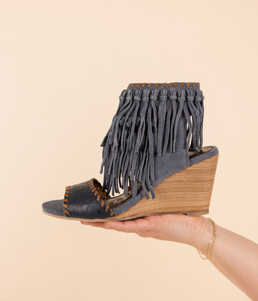 Naughty Monkey True Fringe Wedge in Denim