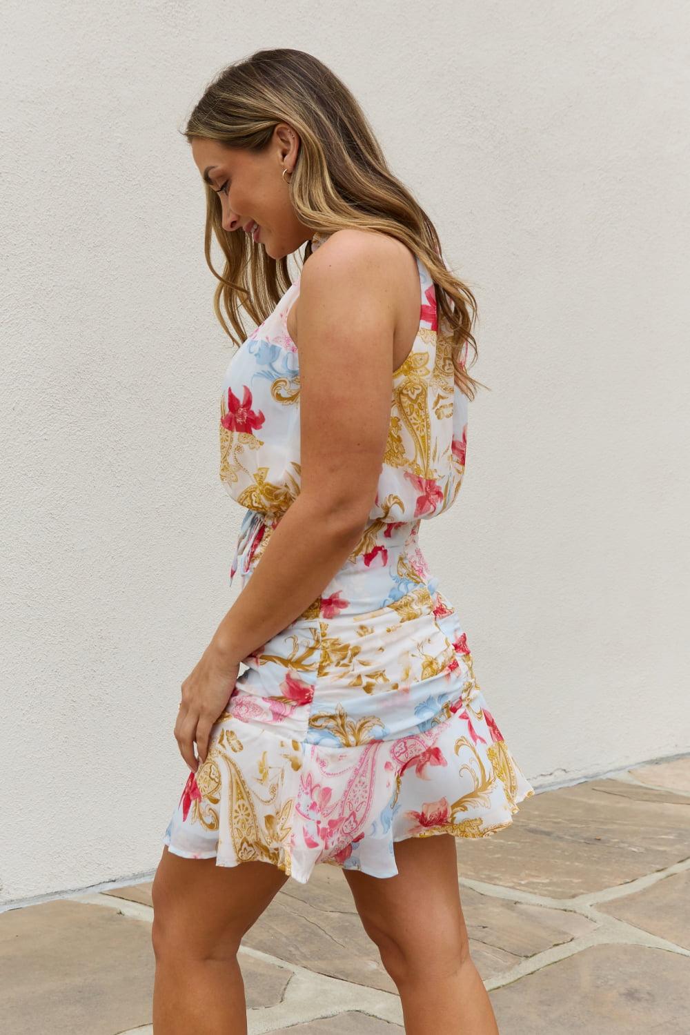 White Birch Full Size Floral Print Halter Woven Dress - The Fiery Jasmine