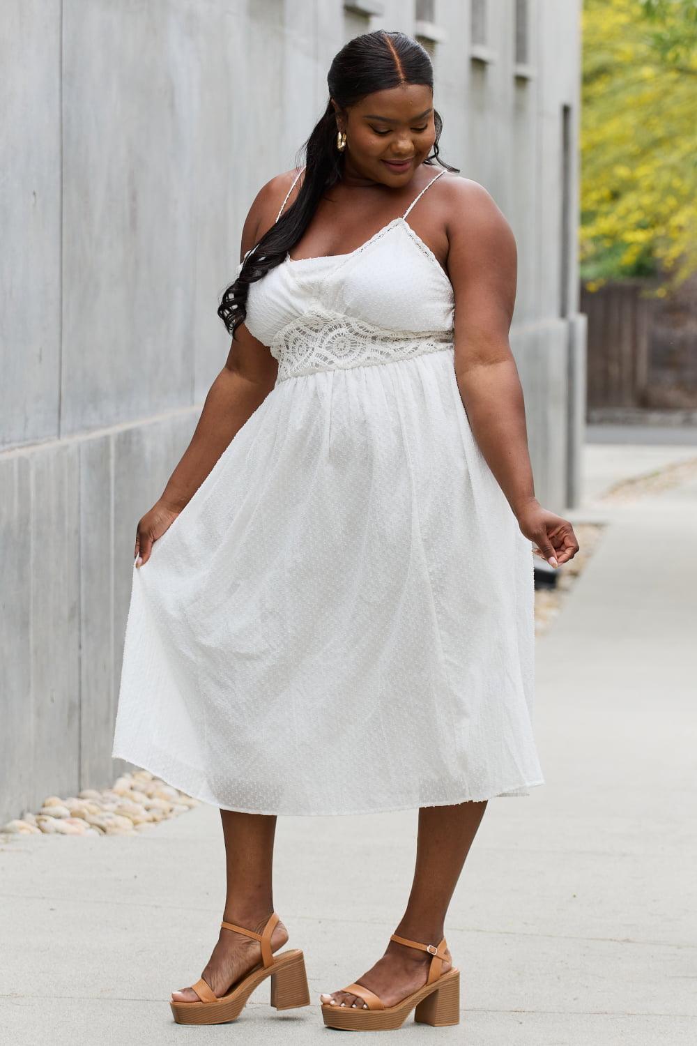 White Birch Full Size Lace Detail Sleeveless Lace Midi Dress - The Fiery Jasmine