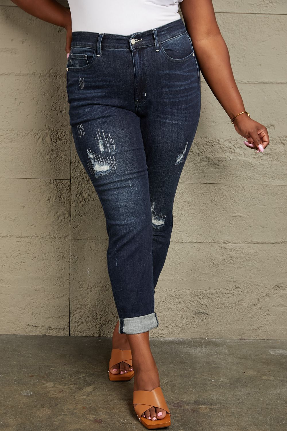 Judy Blue Mid Rise Distressed Cuffed Boyfriend Jeans