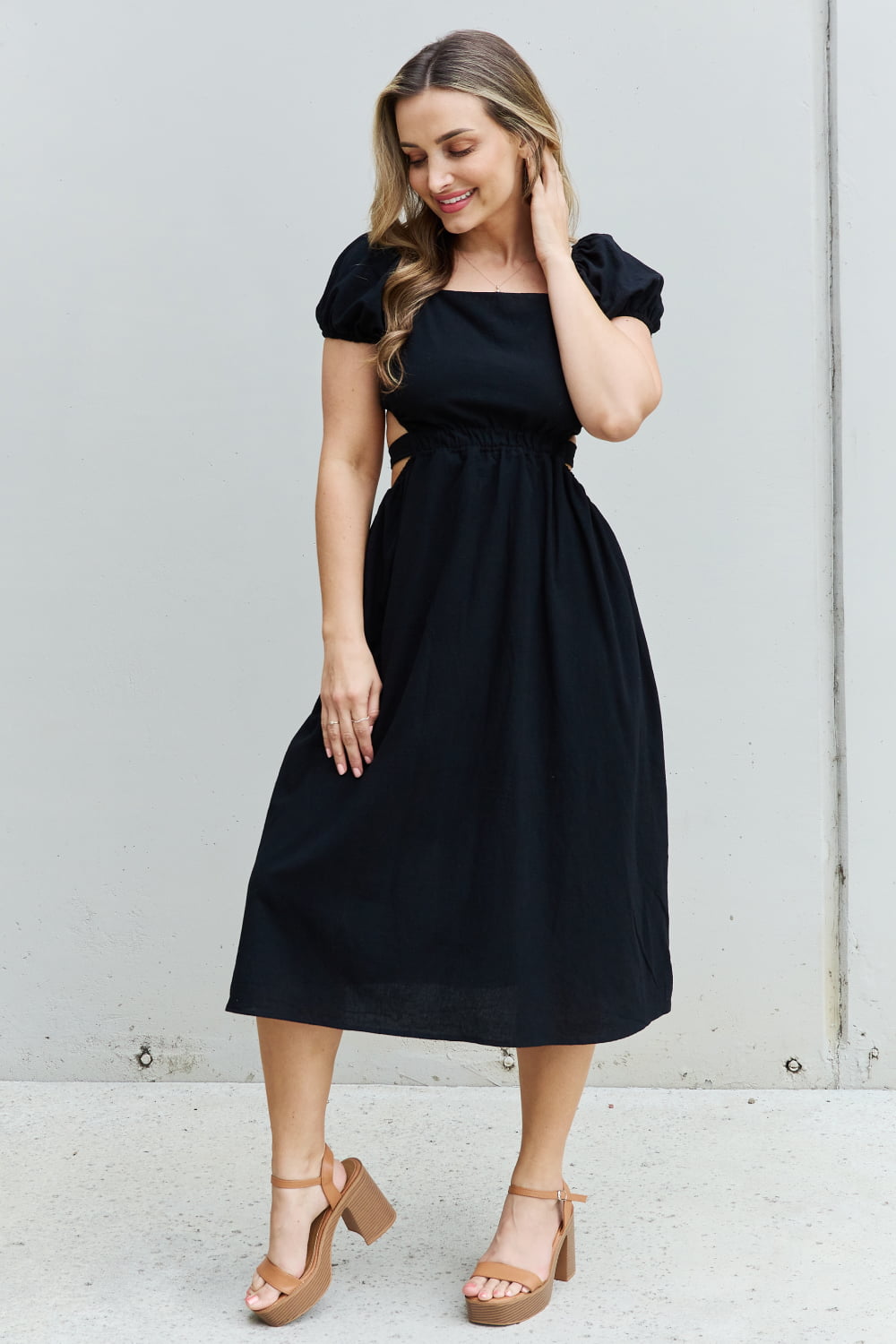 HYFVE Keep It Cute Puff Sleeve Cutout Midi Dress