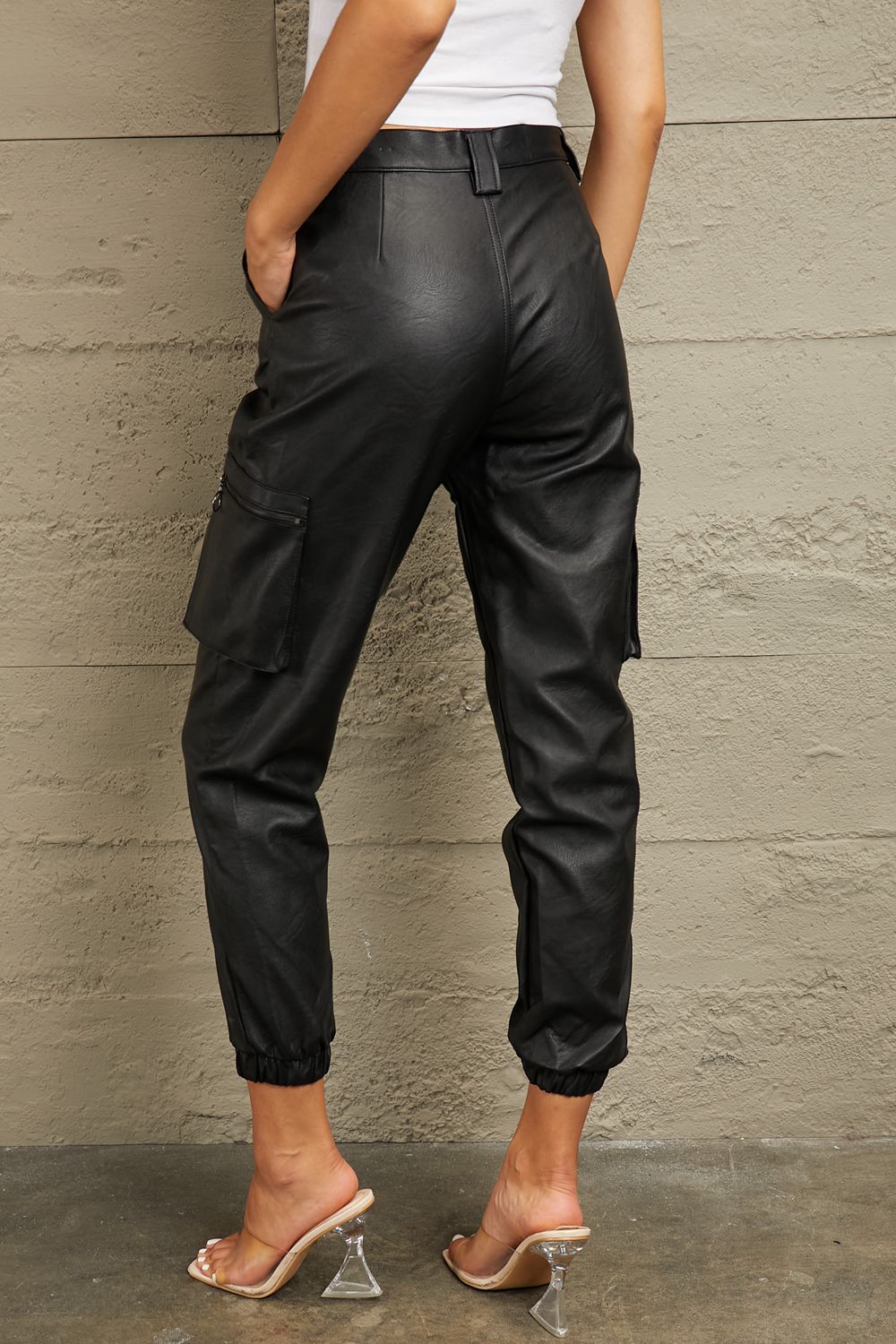 Kancan High Rise Faux Leather Cargo Joggers