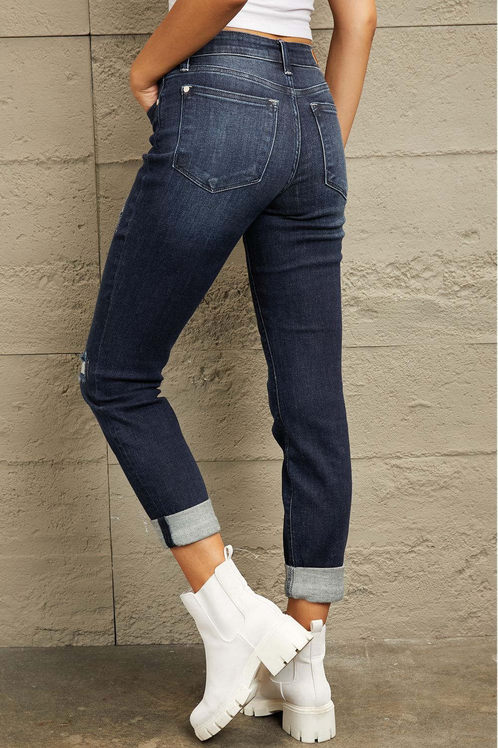 Judy Blue Mid Rise Distressed Cuffed Boyfriend Jeans