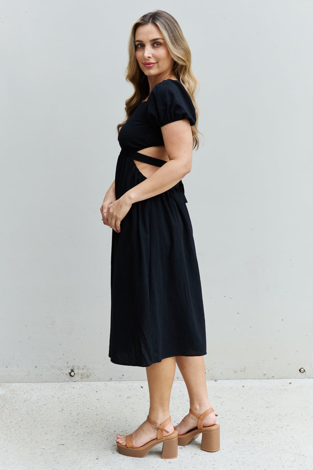 HYFVE Keep It Cute Puff Sleeve Cutout Midi Dress