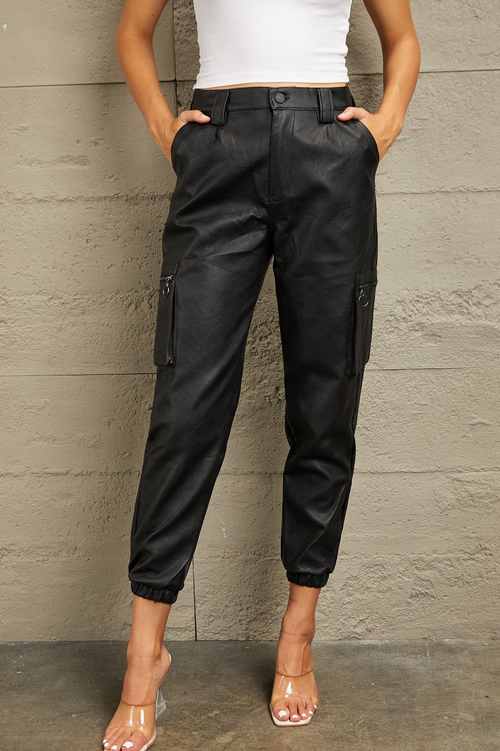 Kancan High Rise Faux Leather Cargo Joggers