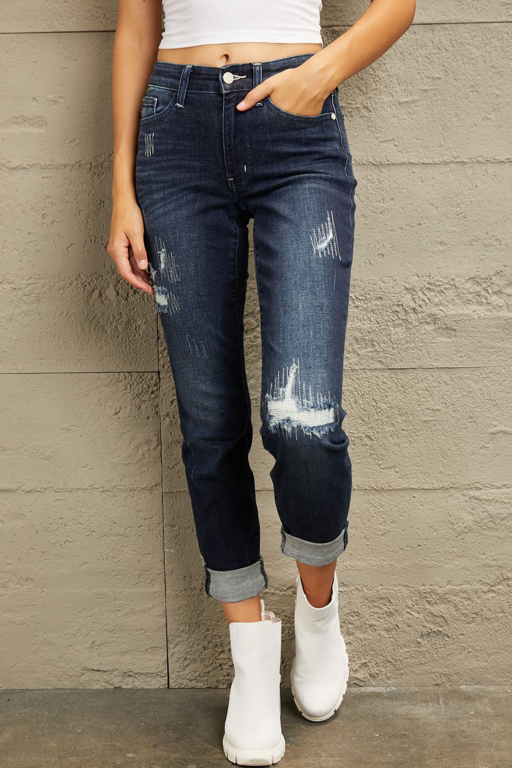 Judy Blue Mid Rise Distressed Cuffed Boyfriend Jeans