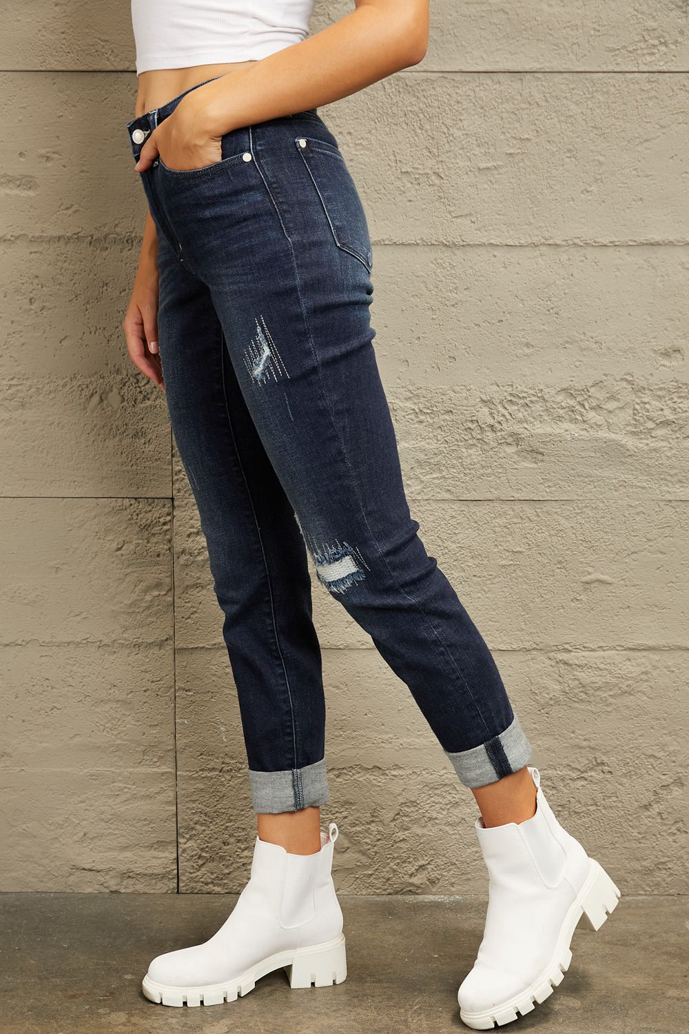 Judy Blue Mid Rise Distressed Cuffed Boyfriend Jeans