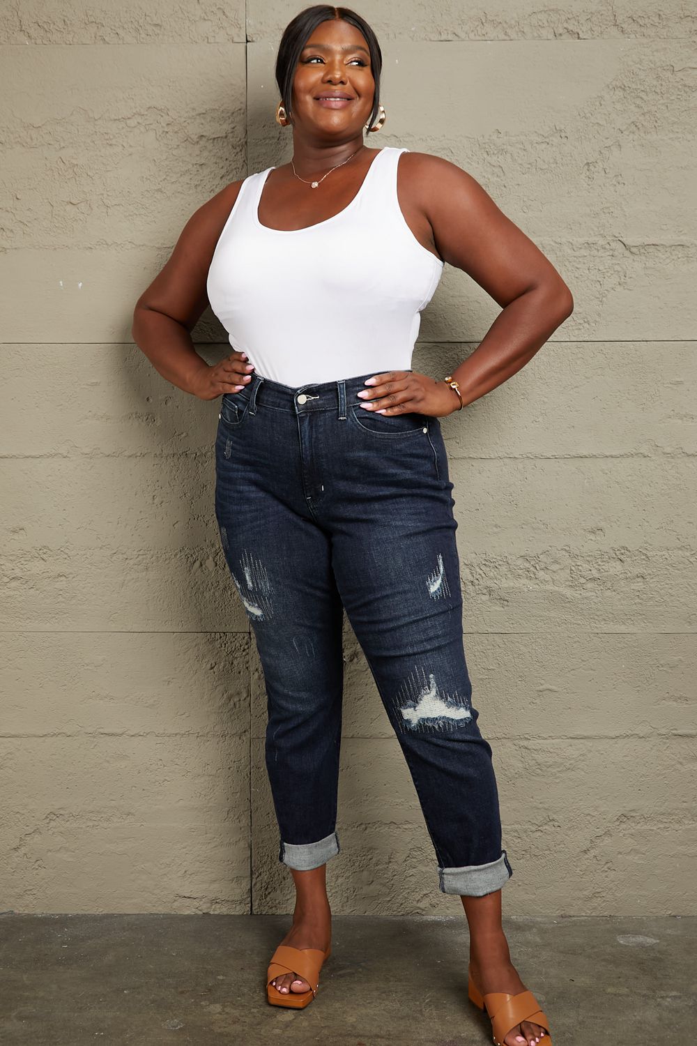 Judy Blue Mid Rise Distressed Cuffed Boyfriend Jeans